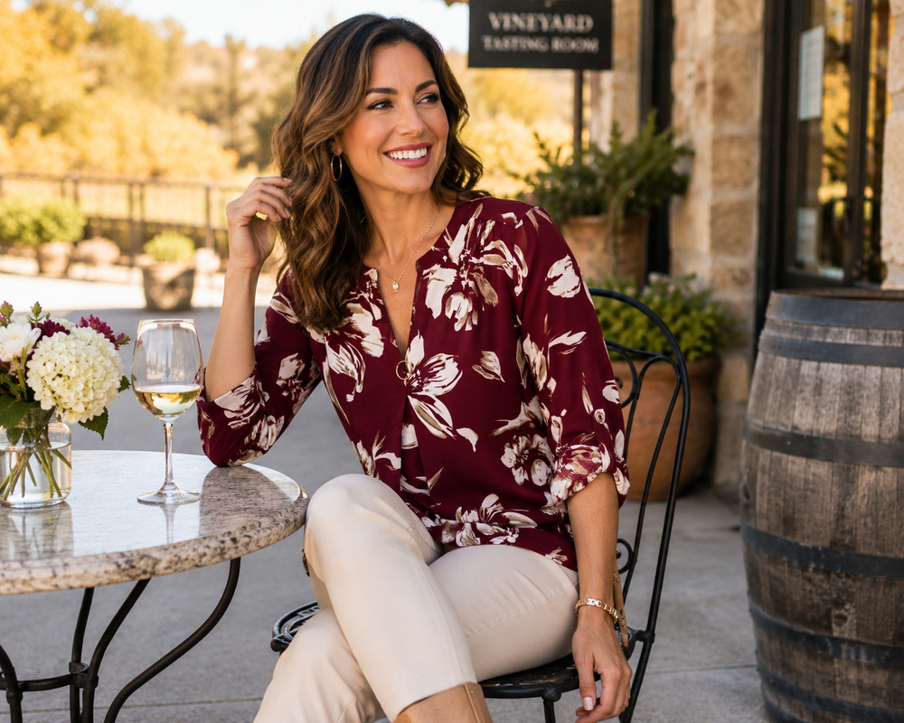 VALOLIA Women's M Burgundy Floral Blouse Top 3/4 Sleeve Split Neck Stretch Tunic